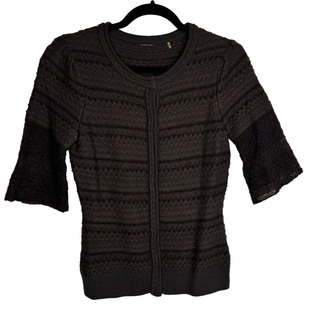 Elie Tahari Women's Twee Brown Wool Knit Cardigan Sz S‎ 1/2 Sleeve Button Front